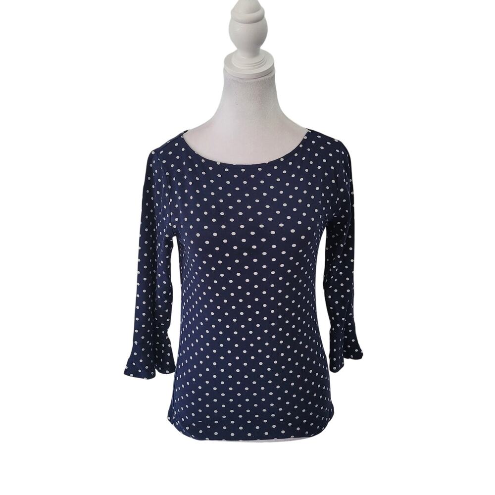 Lauren‎ Ralph Lauren Size M Navy White Polka Dot Flounce Sleeve Blouse